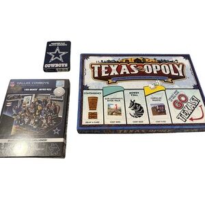Texas-Opoly Board Game + Dallas Cowboys Puzzle & Blitz Champz Cards Bundle